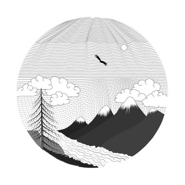 Dağ manzarası daire şeklinde. Vahşi yaşam, dağların eteklerinde nehir akar ve çam ağacı büyür. Bulutlu hava.