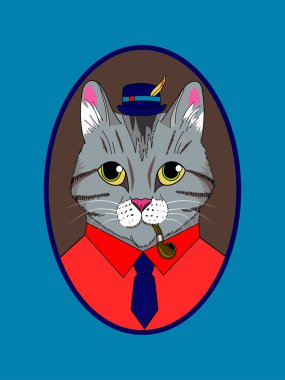 Şapkalı, kravatlı ve piposu olan bir kedi. İş kedisi.