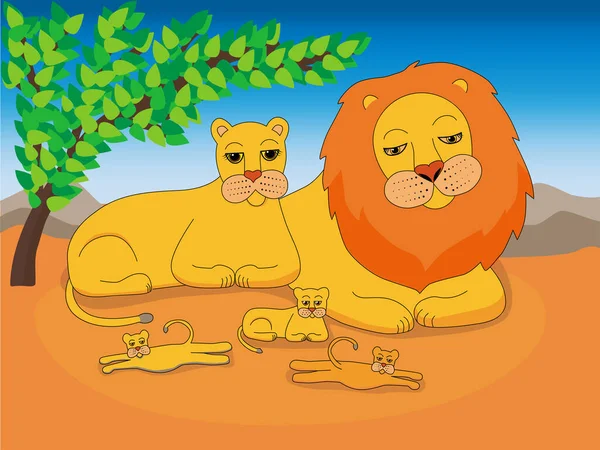 描述一个狮子家族在自然环境中的形象 一只狮子 一只母狮和三只幼崽在灌木丛的树阴下散步 为孩子们描绘生机勃勃的自然 其余时间里的狮子家族 — 图库矢量图片