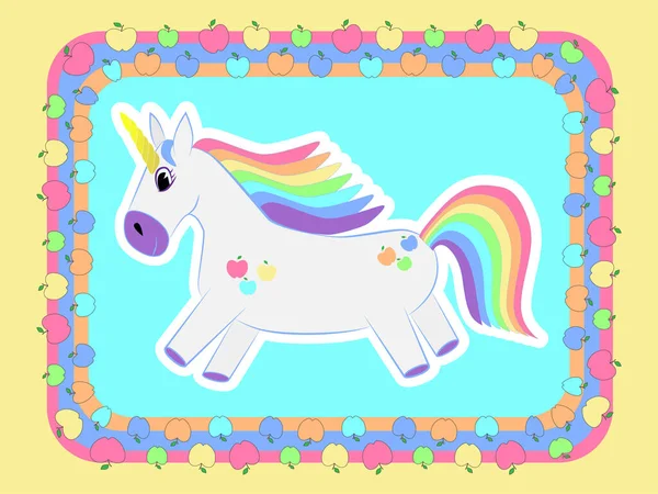 Cheerful Unicorn Apples Unicorn Gallops Colored Background Back Background Multicolored — Stock Vector