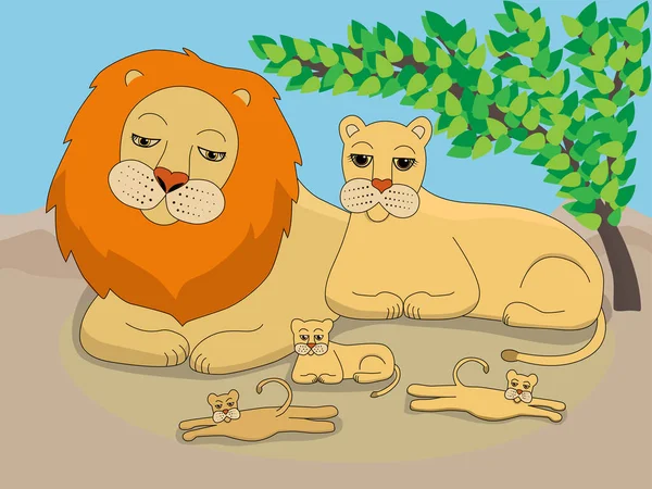 Illustration Family Lions Vacation Big Father Lion Mother Lioness Three — Stockvektor
