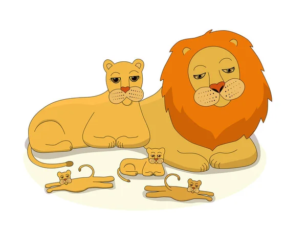 Illustration Family Lions Vacation Big Father Lion Mother Lioness Three —  Vetores de Stock