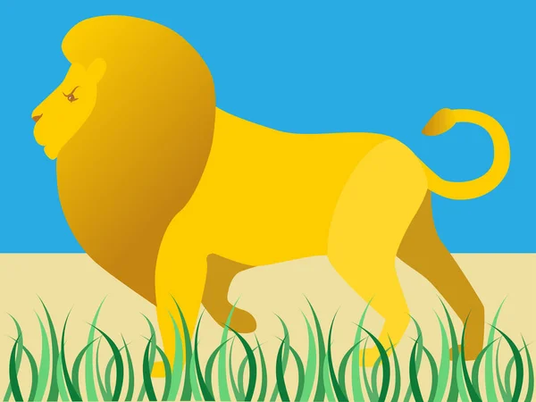 Illustration Lion Background Blue Sky Yellow Earth Green Grass Big —  Vetores de Stock
