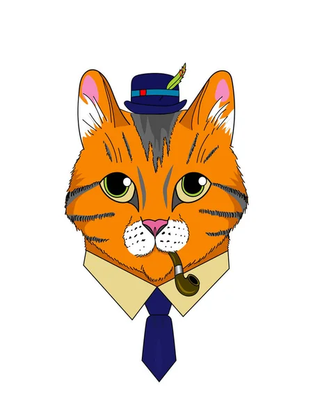 Gato Una Camisa Sombrero Con Corbata Pipa Para Fumar Gato — Vector de stock