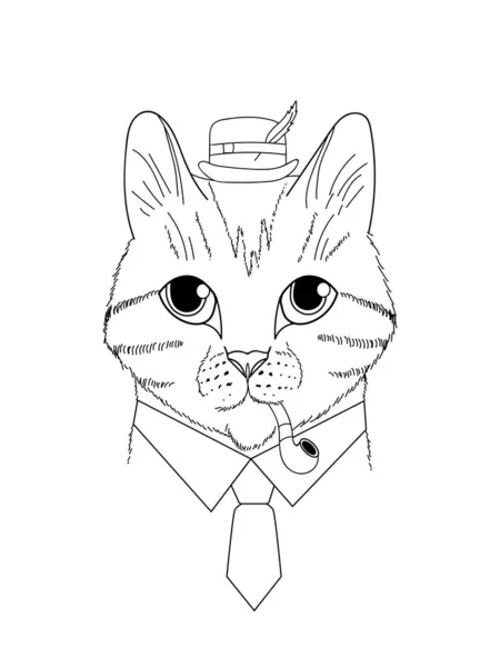 Gato Una Camisa Sombrero Con Corbata Pipa Para Fumar Gato — Vector de stock