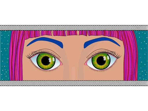 Kvinnliga Ögon Ser Genom Ett Hål Med Färgstark Bakgrund Flicka — Stock vektor
