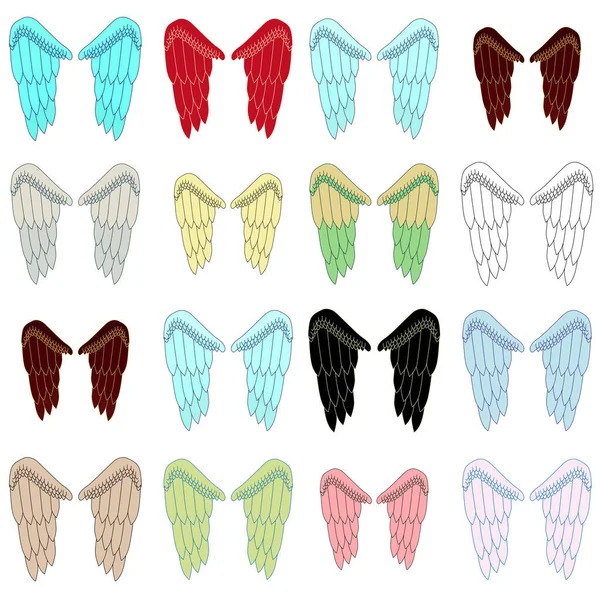 Set Wings Different Colors Large Feathers Angel Wings Wings Pairs — Vetor de Stock