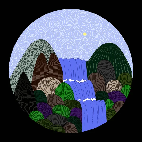 Paysage Cascade Dessiné Cercle Paysage Dessiné Par Des Lignes Des — Image vectorielle