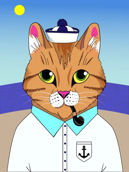 Gato Mar Gato Una Camisa Sombrero Con Corbata Pipa Para — Vector de stock