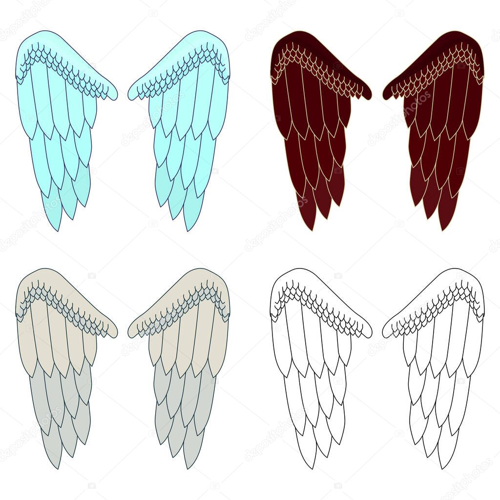 A set of wings of different colors with large feathers. Angel wings. Wings in pairs for flight.