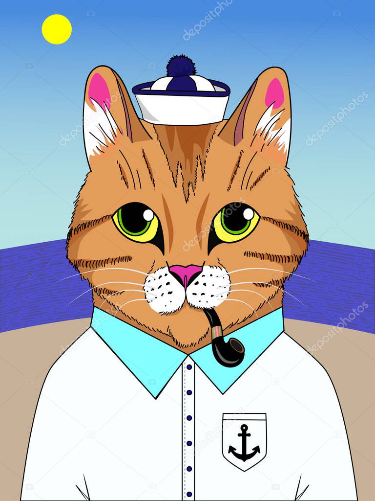 Cat on the sea. Cat in a hat shirt with a tie and pipe for smoking.