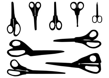 Farklı amaçlar için farklı makas çeşitleri seti. Dikiş, ofis, çivi, başvuru, dikiş, çocuk ve manikür makası.