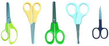 Farklı amaçlar için farklı makas çeşitleri seti. Dikiş, ofis, çivi, başvuru, dikiş, çocuk ve manikür makası.