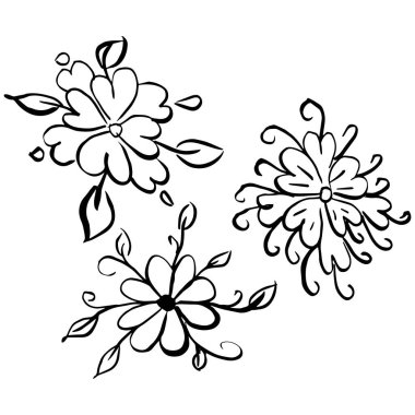 Basit yaz çiçekleri çizimleri. Soyut çiçek illüstrasyonu. El çizimi vektör sanatı. siyah beyaz resimleme