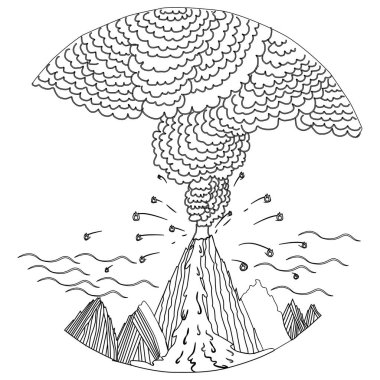 A volcanic eruption, a circle in which six mountains are depicted, a mountain in the middle erupting lava. Natural disaster, volcanic eruption.
