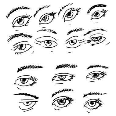 İnsan gözünün çeşitli çizimleri. İnsan gözleri..
