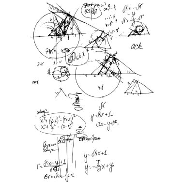 Matematiksel formüller ve problemler ve denklemler kümesi. Bir öğrencinin ödevi. Cebir ve geometri görevlerinin vektör görüntüsü.