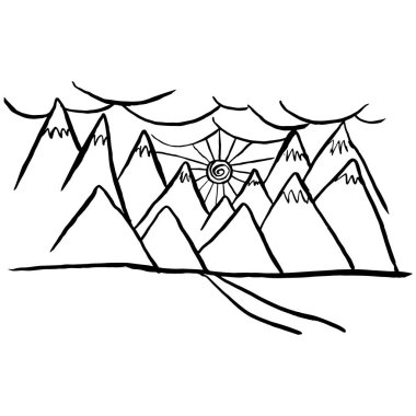 Drawing of high mountain peaks against the background of the sun and clouds.