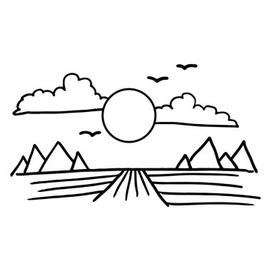 Vektör çizimi güneş gökyüzü kuşları ve dağlar. Ufuktaki güneş doğası sembolü.
