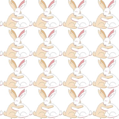 Two bunnies hug each other with their paws. Bunnies with raised ears. Tender hugs.