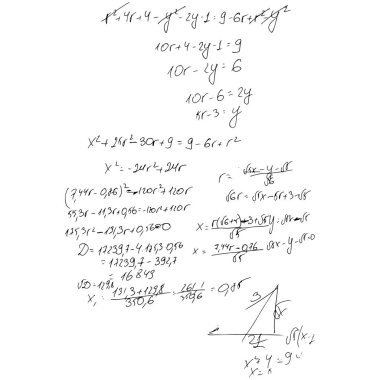 Matematiksel formüller ve problemler ve denklemler kümesi. Bir öğrencinin ödevi. Cebir ve geometri görevlerinin vektör görüntüsü.