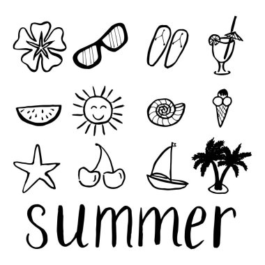 Plaj ikonlarında yaz tatili seti. Seyahat kavramı özeti beyaz arkaplanda izole edildi
