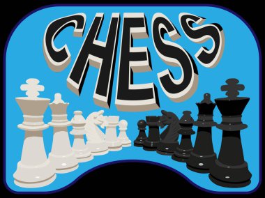 Satranç tahtasının temasının illüstrasyonu. Altı ana satranç taşı beyaz ve siyahtır. Satranç taşlarıyla satranç kelimeleri..