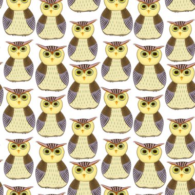 Baykuş ve tüylerin vektör deseni. Kuşlarla şirin bir desen..