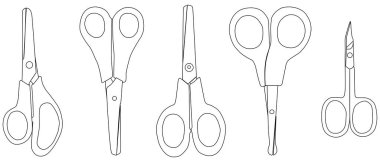 Farklı amaçlar için farklı makas çeşitleri seti. Dikiş, ofis, çivi, başvuru, dikiş, çocuk ve manikür makası.