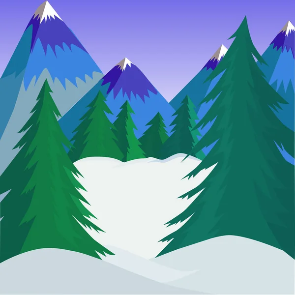 有山峰和绿色圣诞树的冬季风景 — 图库矢量图片