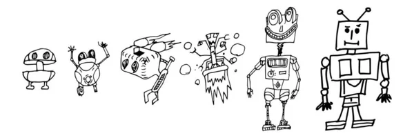 Arte Linha Ilustrada Desenhada Mão Ilustração Conjunto Robôs Esboço Robôs — Vetor de Stock