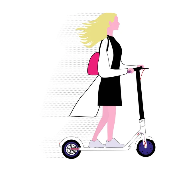 Dziewczyna Jeździ Skuterze Elektrycznym Hulajnoga Elektryczna Podczas Jazdy Używania Ekologiczny — Wektor stockowy