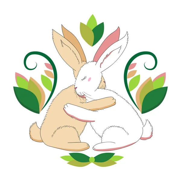 Two Bunnies Hug Each Other Paws Bunnies Raised Ears Tender — Vetor de Stock