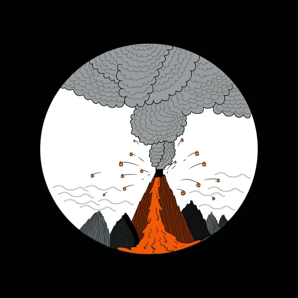 Volcanic Eruption Circle Which Six Mountains Depicted Mountain Middle Erupting — Vetor de Stock