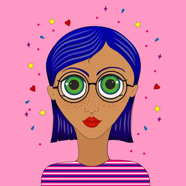 Girl Glasses Big Eyes Hair Smart Girl Glasses — Stock vektor
