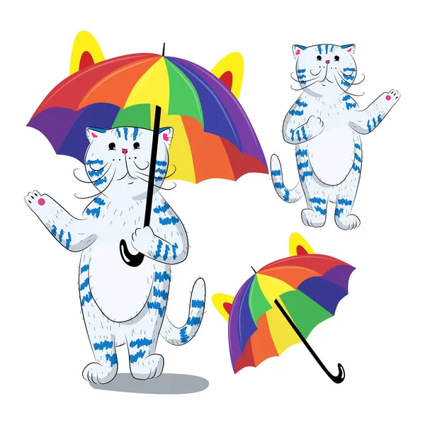 Şemsiyeli bir kedinin vektör çizimi. Şemsiyenin altındaki kedi. Hava Durumu.