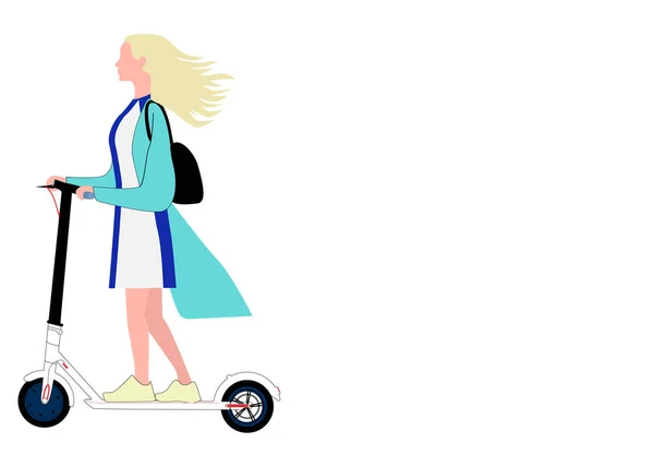 少女は電動スクーターに乗っている 移動中や使用中の電動スクーター 碑文の側面に空のスポットを持つスクーター — ストックベクタ