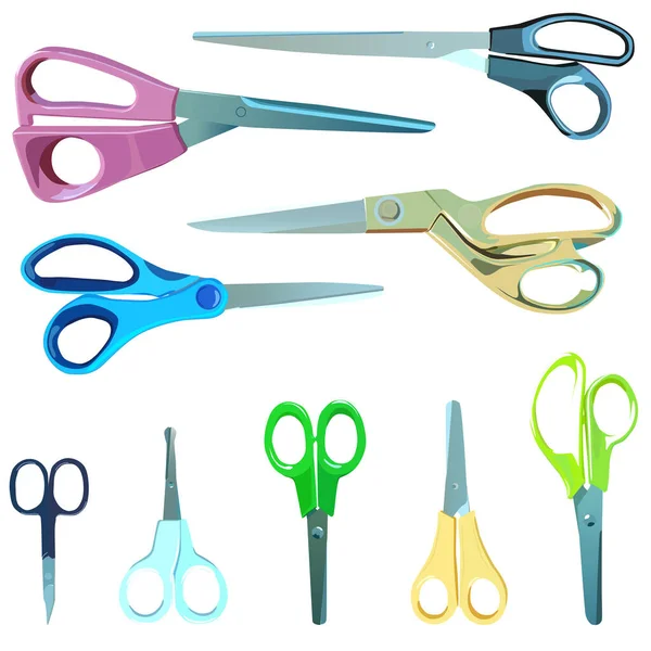 Set Different Types Scissors Different Purposes Scissors Needlework Office Nails — Stock Vector