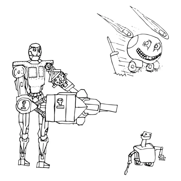 Arte Línea Ilustrado Dibujado Mano Ilustración Conjunto Robots Boceto Robots — Vector de stock