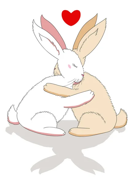 Two Bunnies Hug Each Other Paws Bunnies Raised Ears Tender — стоковый вектор