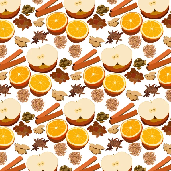 Conjunto Picante Media Manzana Naranja Palitos Canela Varias Especias Patrón — Vector de stock