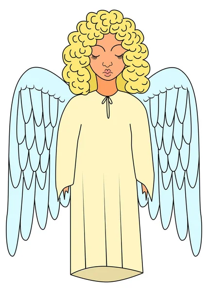 Holy Angel Wings Angel Long Robes Curly Hair Closed Eyes — Stock Vector