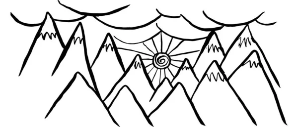 Drawing High Mountain Peaks Background Sun Clouds — 图库矢量图片