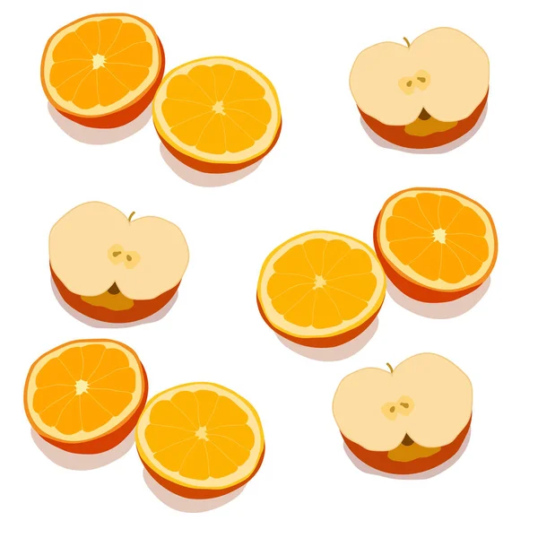 柑橘類のオレンジとリンゴを2つに切る 健康食品オレンジとリンゴのジューシーな果物 健康的な食事のためのビタミン食品 — ストックベクタ