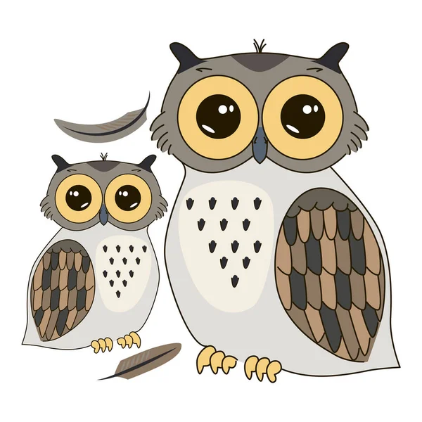 Búhos Vectores Con Ojos Grandes Ilustración Simple Aves — Vector de stock