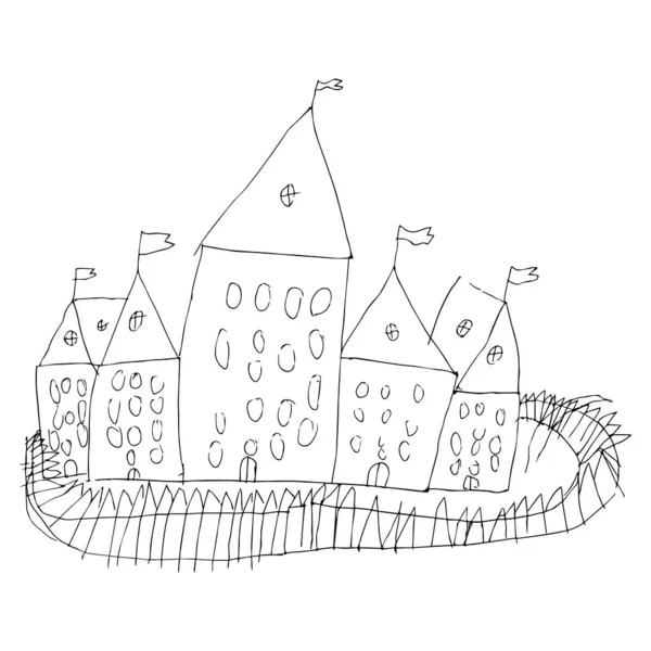 画一座尖塔的城堡 孩子们用矢量画城堡 — 图库矢量图片