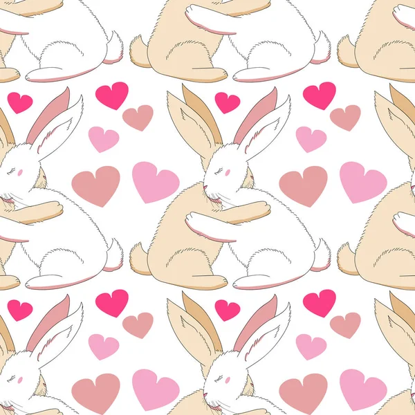 Two bunnies hug each other with their paws. Bunnies with raised ears. Tender hugs.