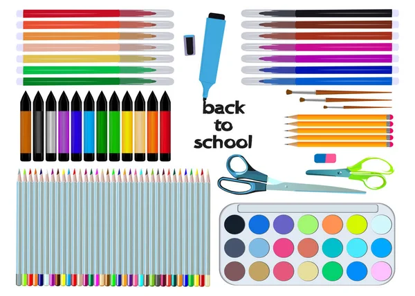 Retourne École Ensemble Crayons Feutres Peintures Pinceaux Ciseau Pour Temps — Image vectorielle