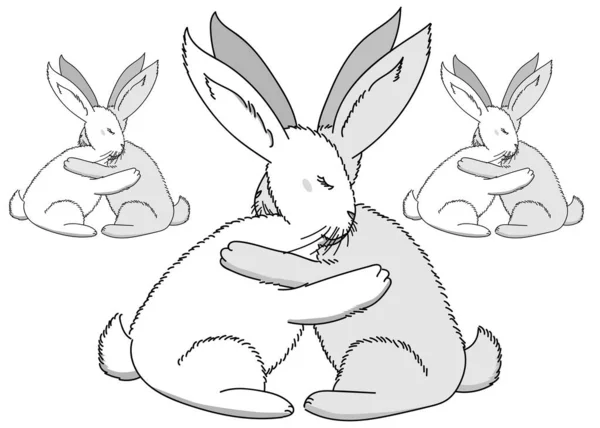 Two Bunnies Hug Each Other Paws Bunnies Raised Ears Tender — Vetor de Stock