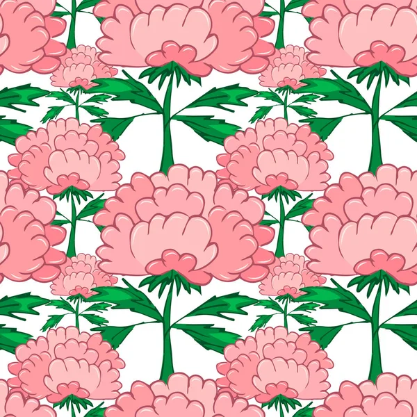 Vector Drawing Peony Flowers Pink Peony Green Leaves Printing Fabric —  Vetores de Stock